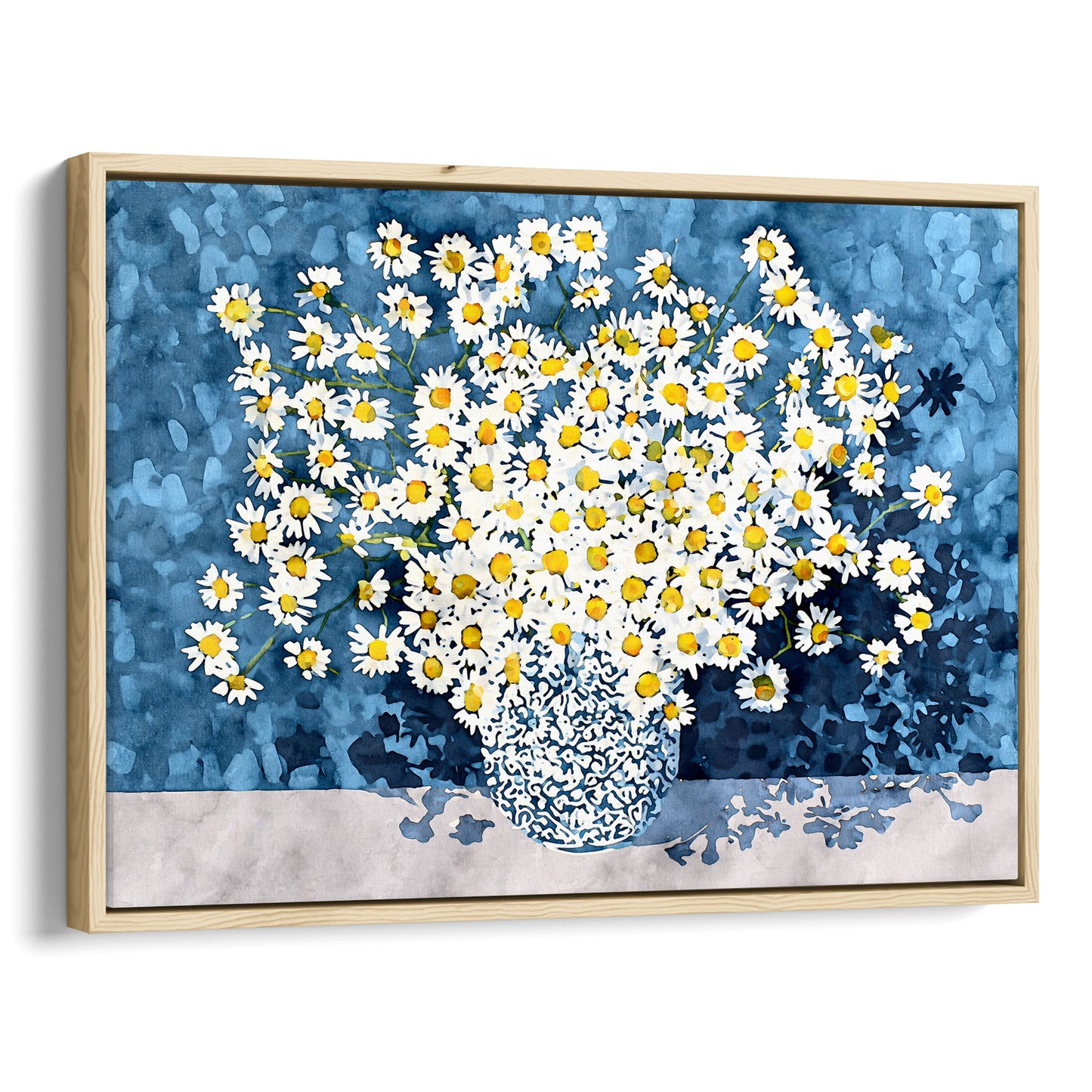 White Chamomile Daisies in Blue Vase Art Print
