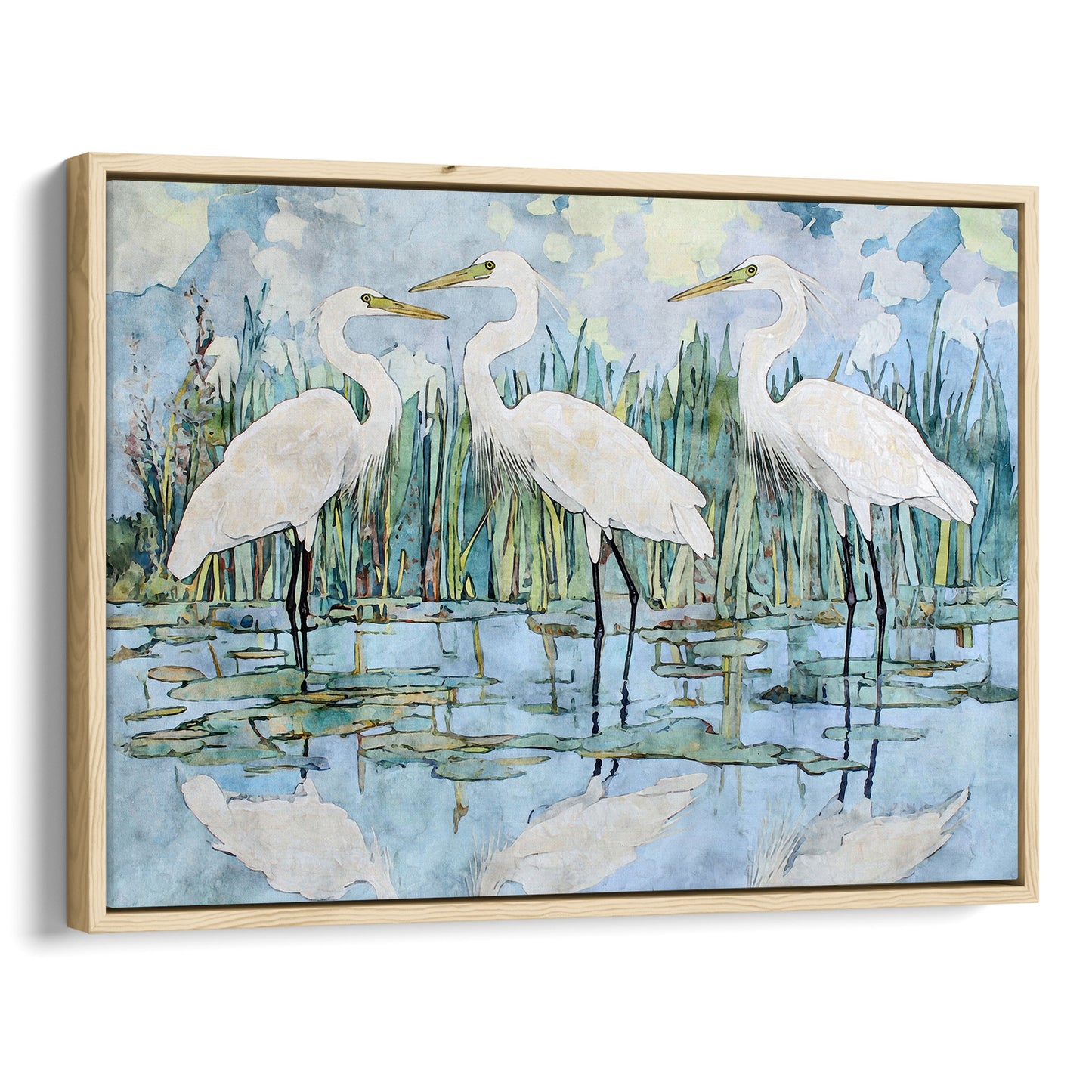 Framed artwork of three white egrets in a marshy landscape.
