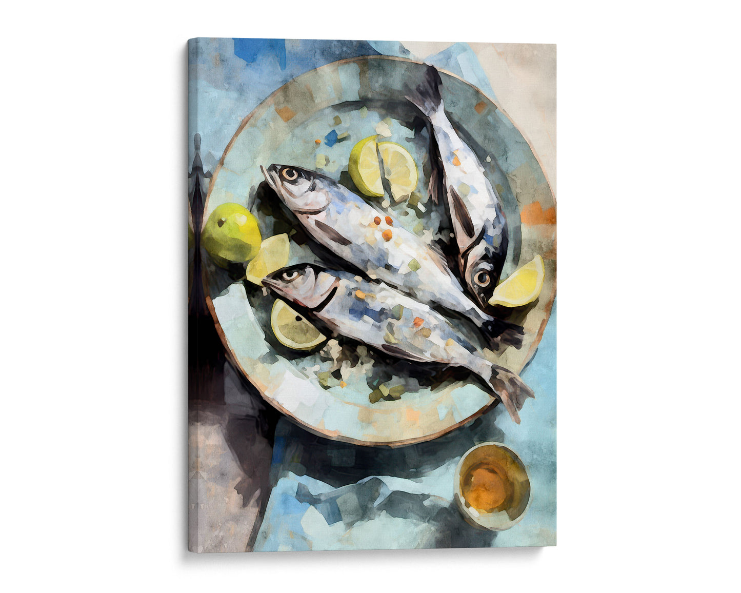Canvas print of a watercolor painting showing three fish with lemon slices on a speckled blue plate, alongside a small bowl of sauce.