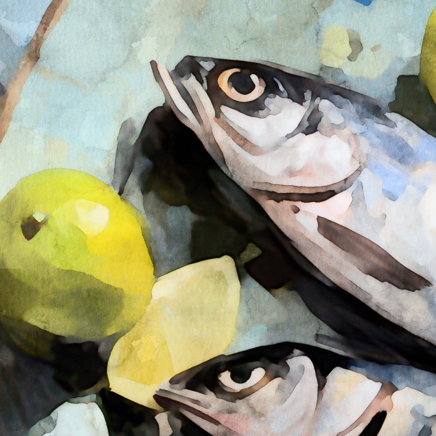 Watercolor-style artwork showing a close-up of two fresh fish with silvery scales and sharp eyes, surrounded by bright yellow and green limes, creating a vibrant and textured composition.