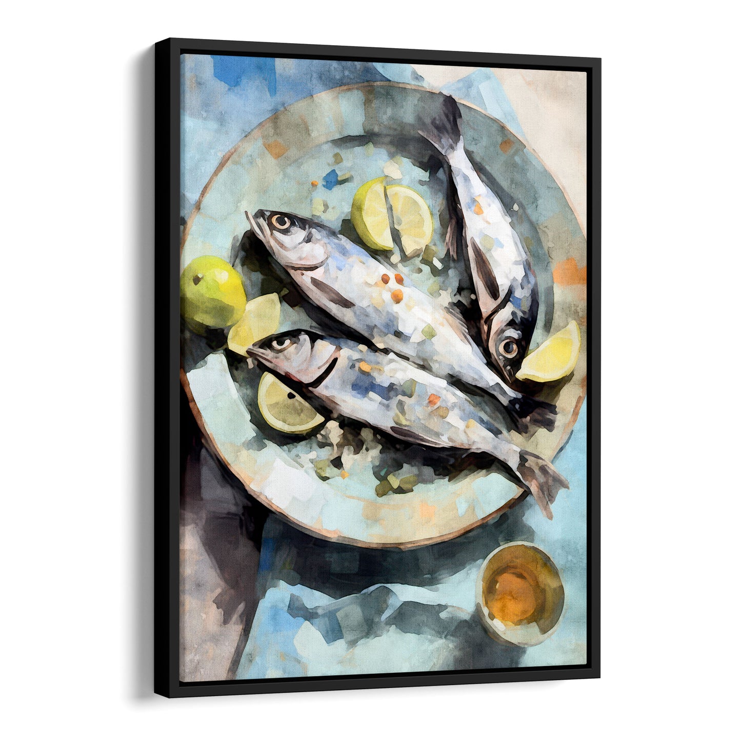 Black framed canvas artwork featuring a watercolor-style depiction of three fresh fish on a textured blue plate, garnished with lemon wedges and accompanied by limes and a small dish.