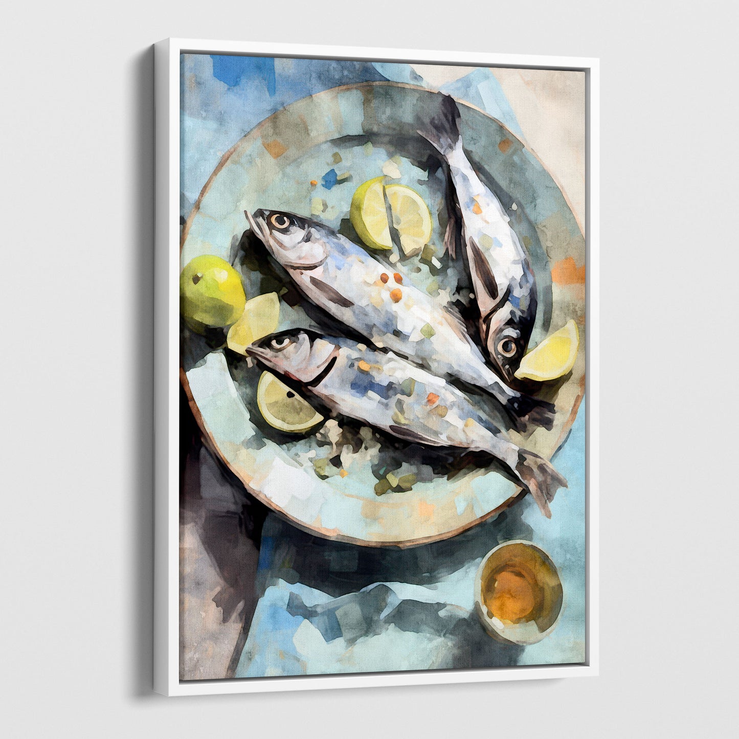 White framed canvas artwork featuring a watercolor-style depiction of three fresh fish on a textured blue plate, garnished with lemon wedges and accompanied by limes and a small dish.