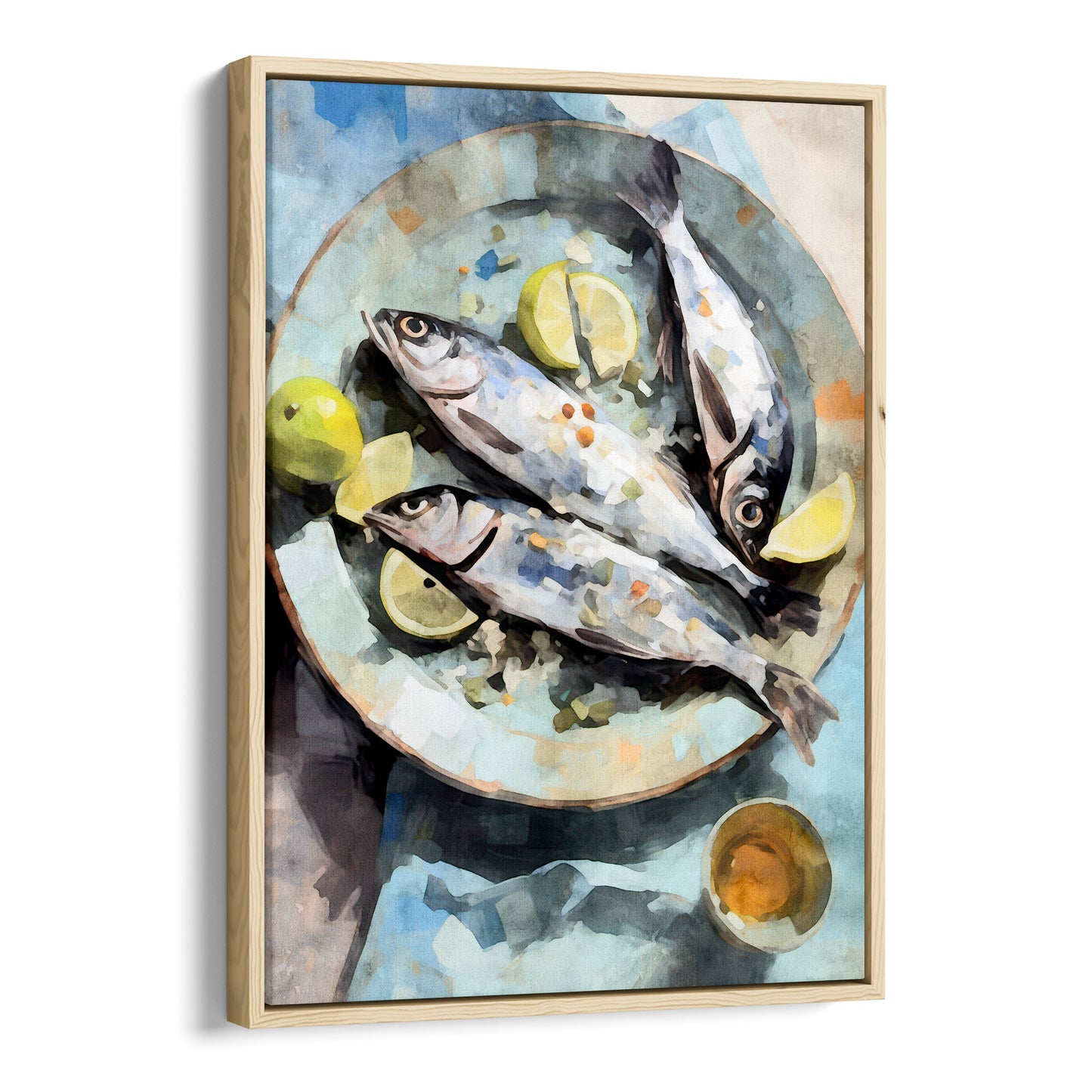 Natural wood framed canvas artwork featuring a watercolor-style depiction of three fresh fish on a textured blue plate, garnished with lemon wedges and accompanied by limes and a small dish.