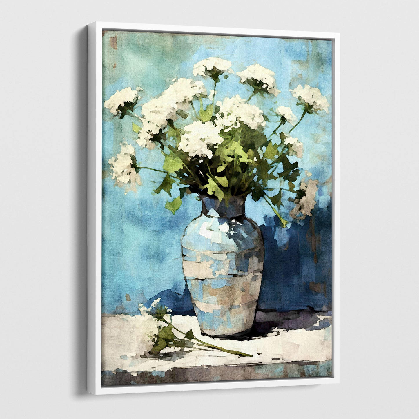 Framed watercolor painting of Queen Anne's Lace flowers arranged in a blue and white ceramic vase. The delicate white blooms and green stems stand against a rich blue background, with a modern white frame complementing the impressionist-style artwork.