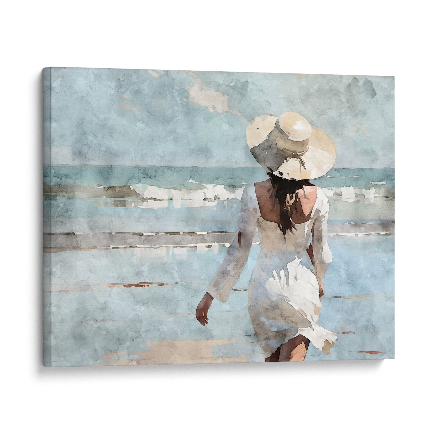 Watercolor painting of a woman in a white dress and wide-brimmed hat walking toward the ocean on a sandy beach, with waves in the background. Artwork printed on gallery wrap canvas.