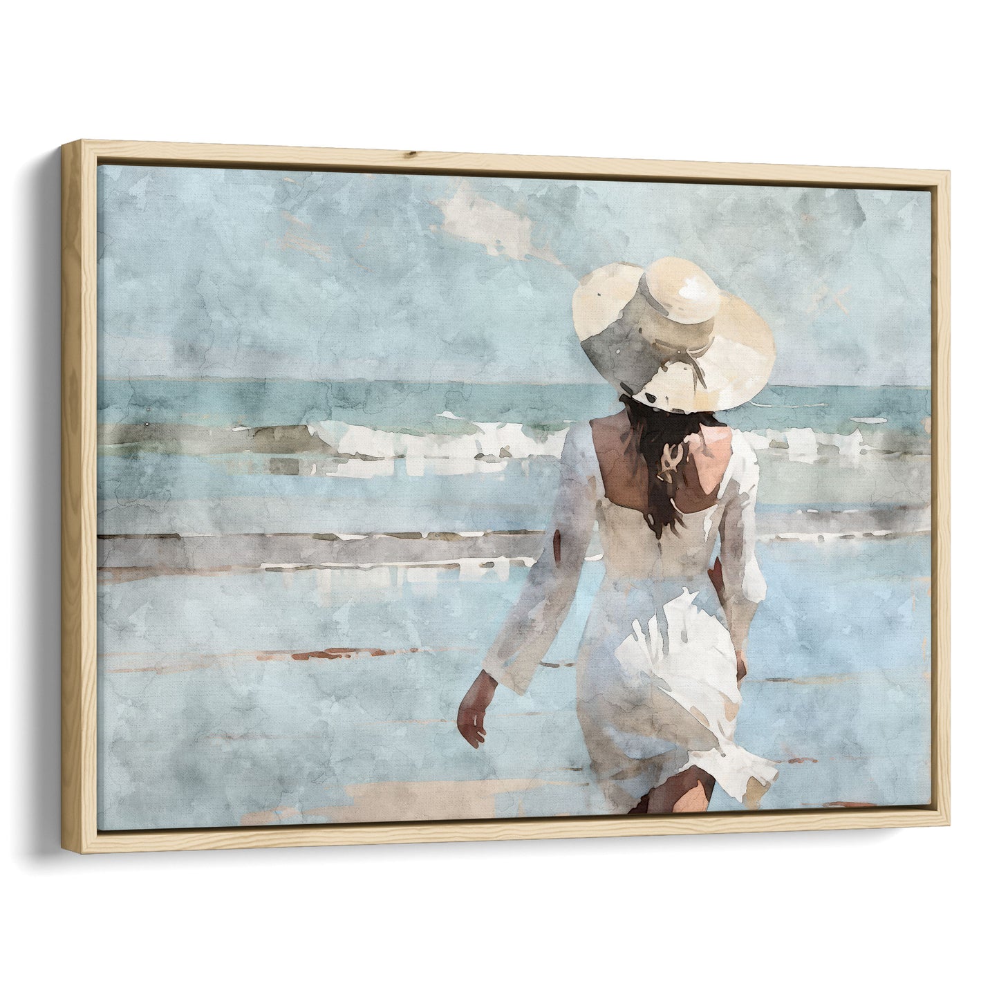 Watercolor painting of a woman in a white dress and wide-brimmed hat walking toward the ocean on a sandy beach, with waves in the background. Artwork printed on gallery wrap canvas in natural floater frame.