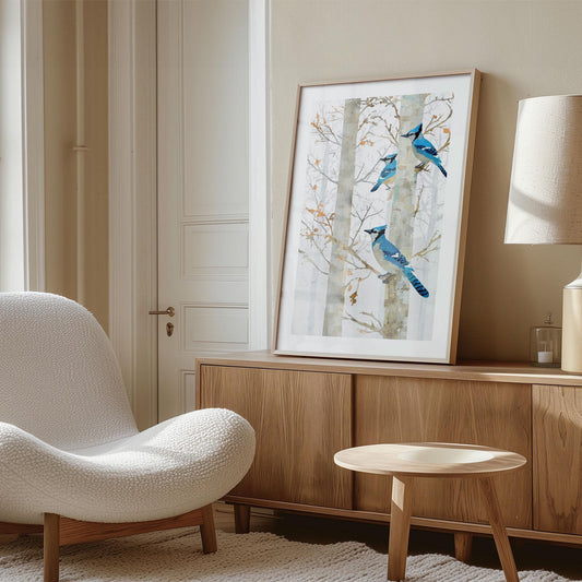 Framed art print featuring three bright blue jays perched on pale birch trees with soft branches and muted autumn leaves. The artwork rests atop a light wood sideboard in a warm, modern living room with a cream textured lounge chair, round wood side table, and neutral decor.