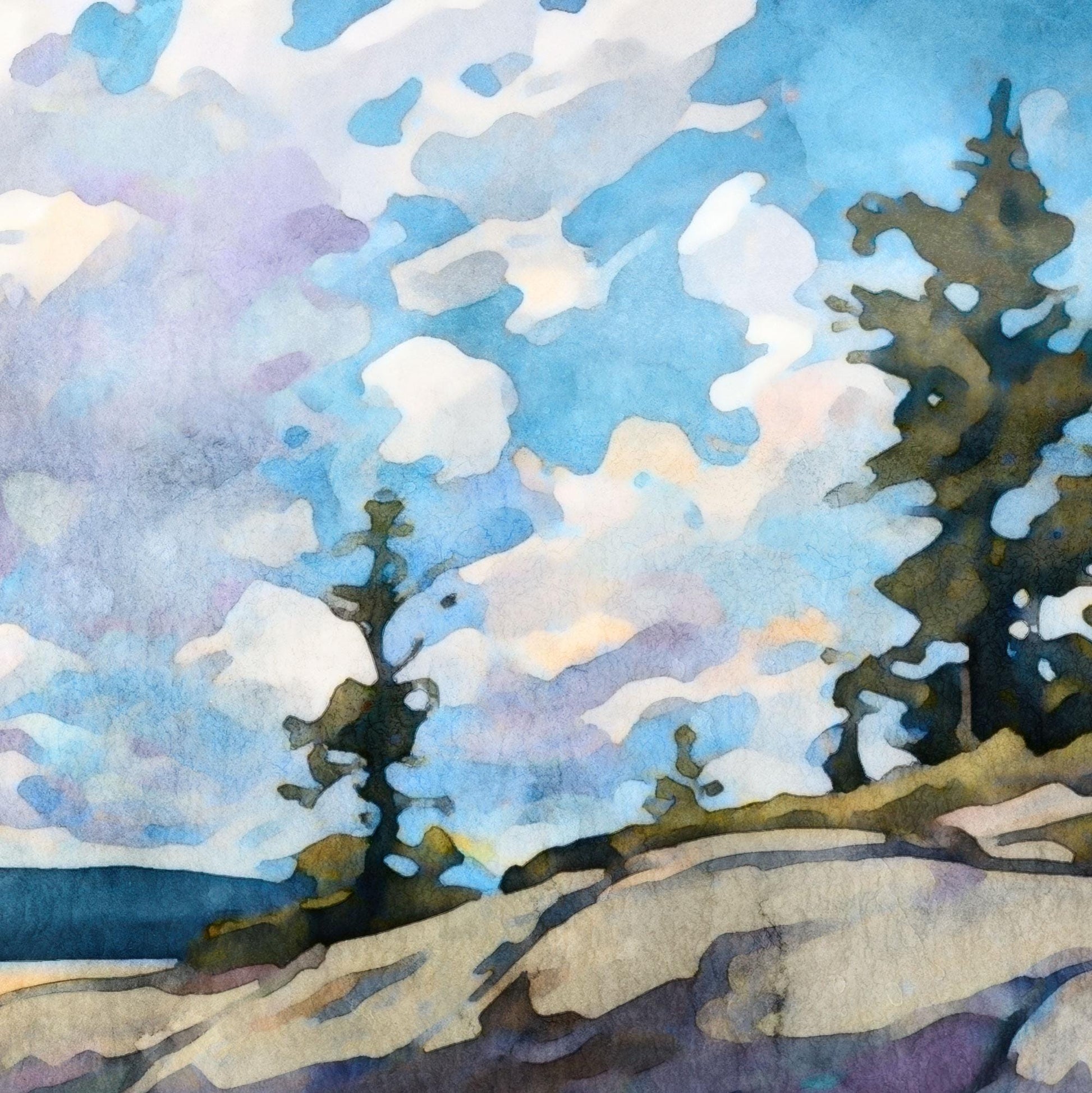 Close-up of watercolor-style painting showing rocky shoreline with tall pine trees against a bright blue sky filled with fluffy white and lavender clouds, creating a soft and dreamy landscape scene.