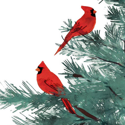 Close-up view of an illustration showing two red cardinals perched on pine tree branches, highlighting the rich green needles and detailed watercolor texture of the artwork.
