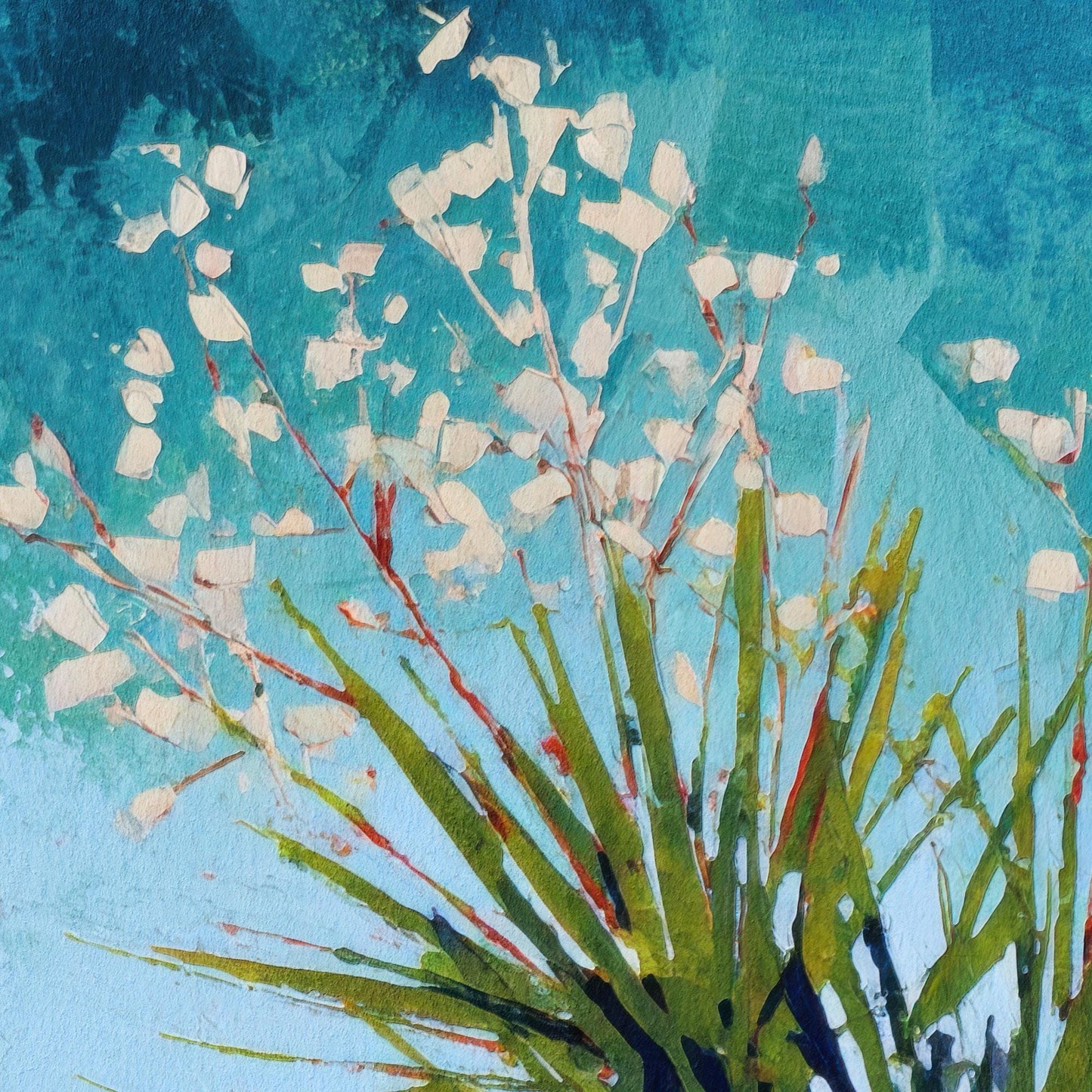 Close-up of a painting showing the top of a desert yucca plant with spiky green leaves and clusters of small white blossoms on red stems, set against a textured turquoise and blue background with layered brushstrokes.