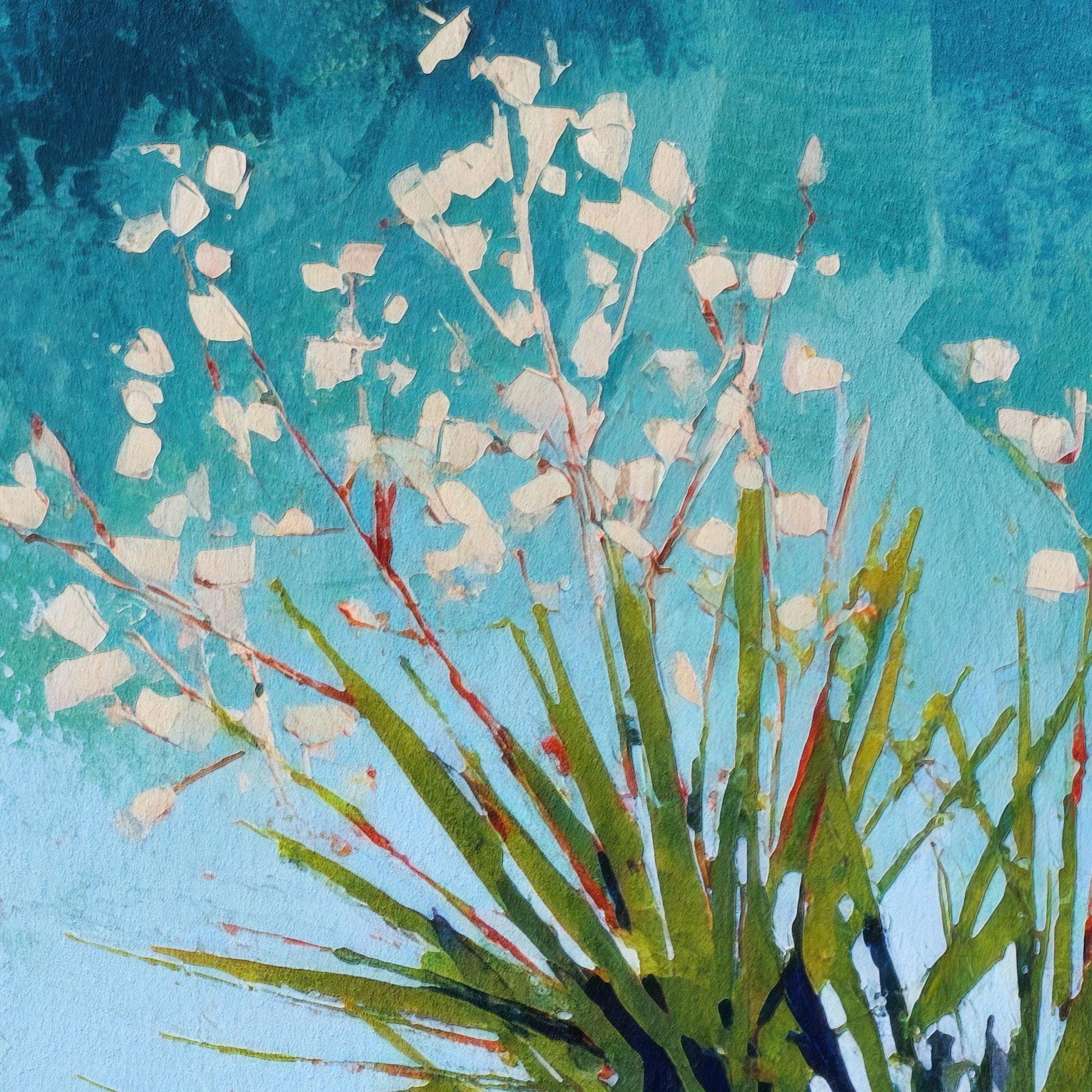 Close-up of a painting showing the top of a desert yucca plant with spiky green leaves and clusters of small white blossoms on red stems, set against a textured turquoise and blue background with layered brushstrokes.