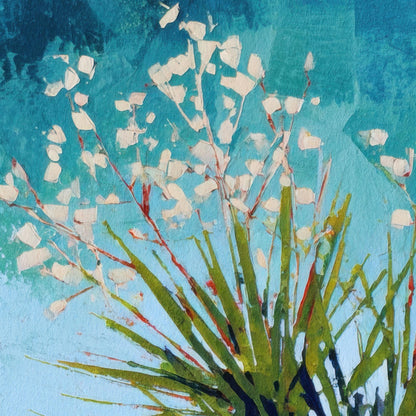 Close-up of a painting showing the top of a desert yucca plant with spiky green leaves and clusters of small white blossoms on red stems, set against a textured turquoise and blue background with layered brushstrokes.