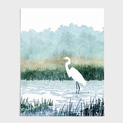 Watercolor-style illustration of a white egret standing in shallow water surrounded by tall green marsh grasses, with a misty blue and green tree line in the background. The minimalist composition emphasizes soft natural tones and serene atmosphere.