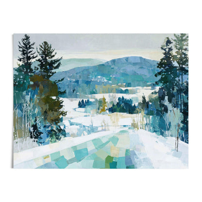 Painting of a snowy mountain landscape with evergreen trees, rolling blue hills, and a patchwork of green, teal, and white brushstrokes in the foreground, rendered in a modern impressionist style on a white background.