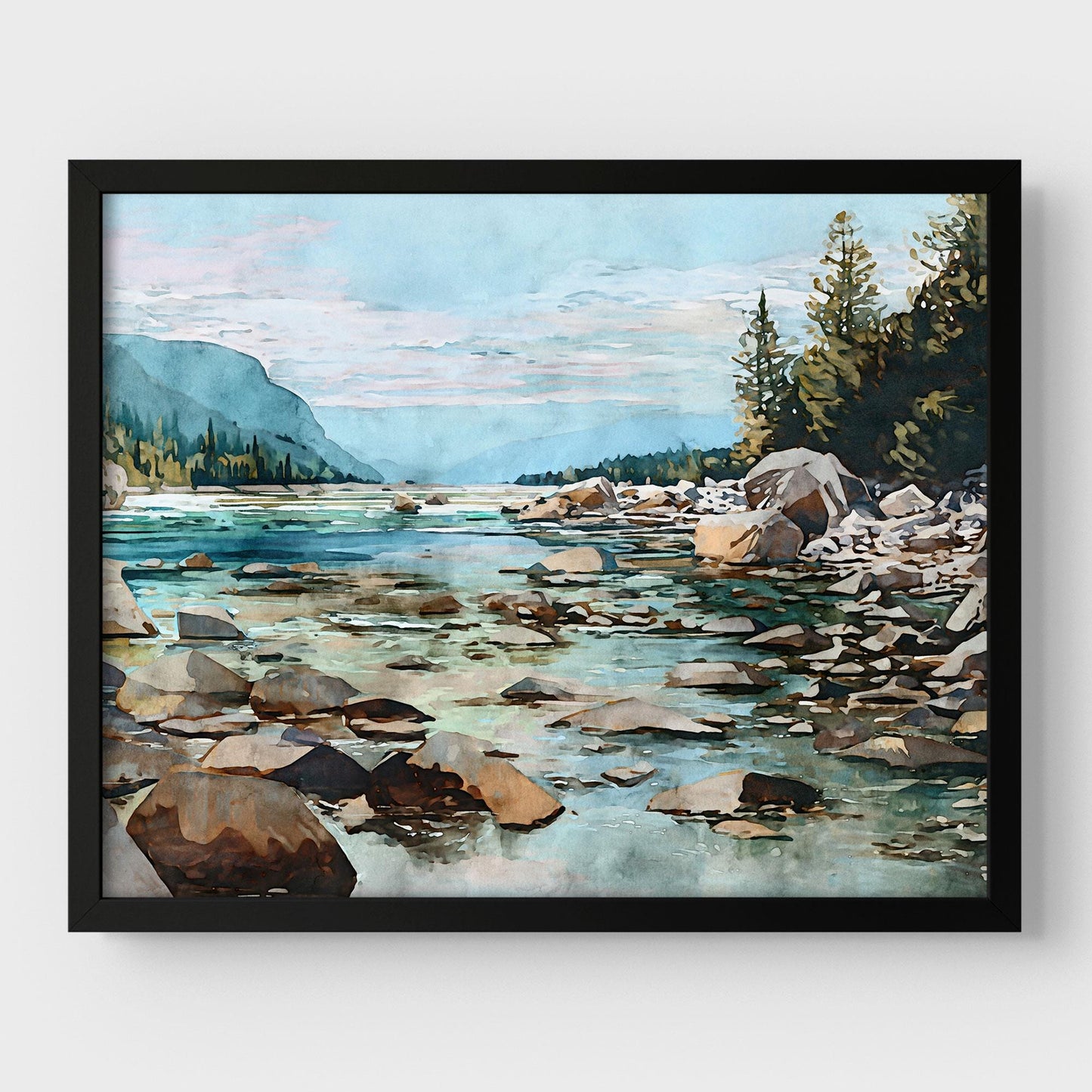 Mountain River Watercolor Art Print