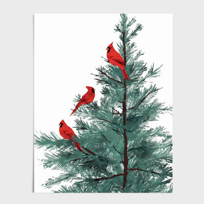 Art print featuring an illustration of three red cardinals perched on the branches of a pine tree, with green needles set against a clean white background.