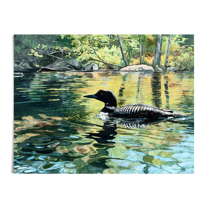 Watercolor painting of a common loon swimming across a tranquil lake surrounded by lush green foliage and dappled sunlight. The bird’s black head, red eye, and patterned white markings reflect vividly in the rippling golden and blue water, evoking the calm beauty of a northern summer morning.