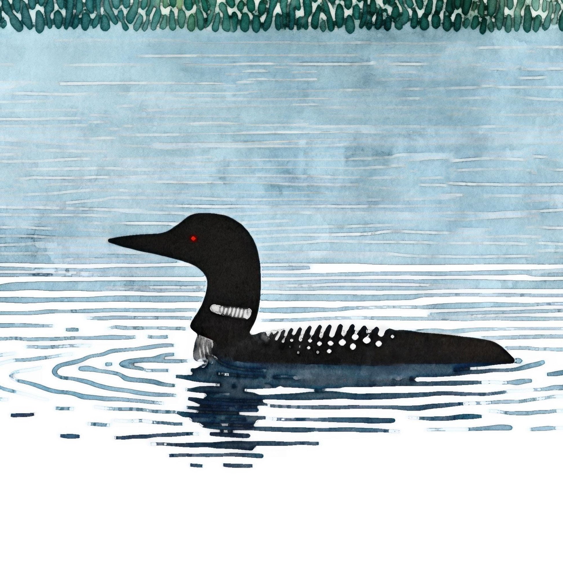 Close-up illustration of a common loon with striking red eye, black head, and patterned black-and-white body, floating on rippling blue water with forested shoreline faintly visible in the background.