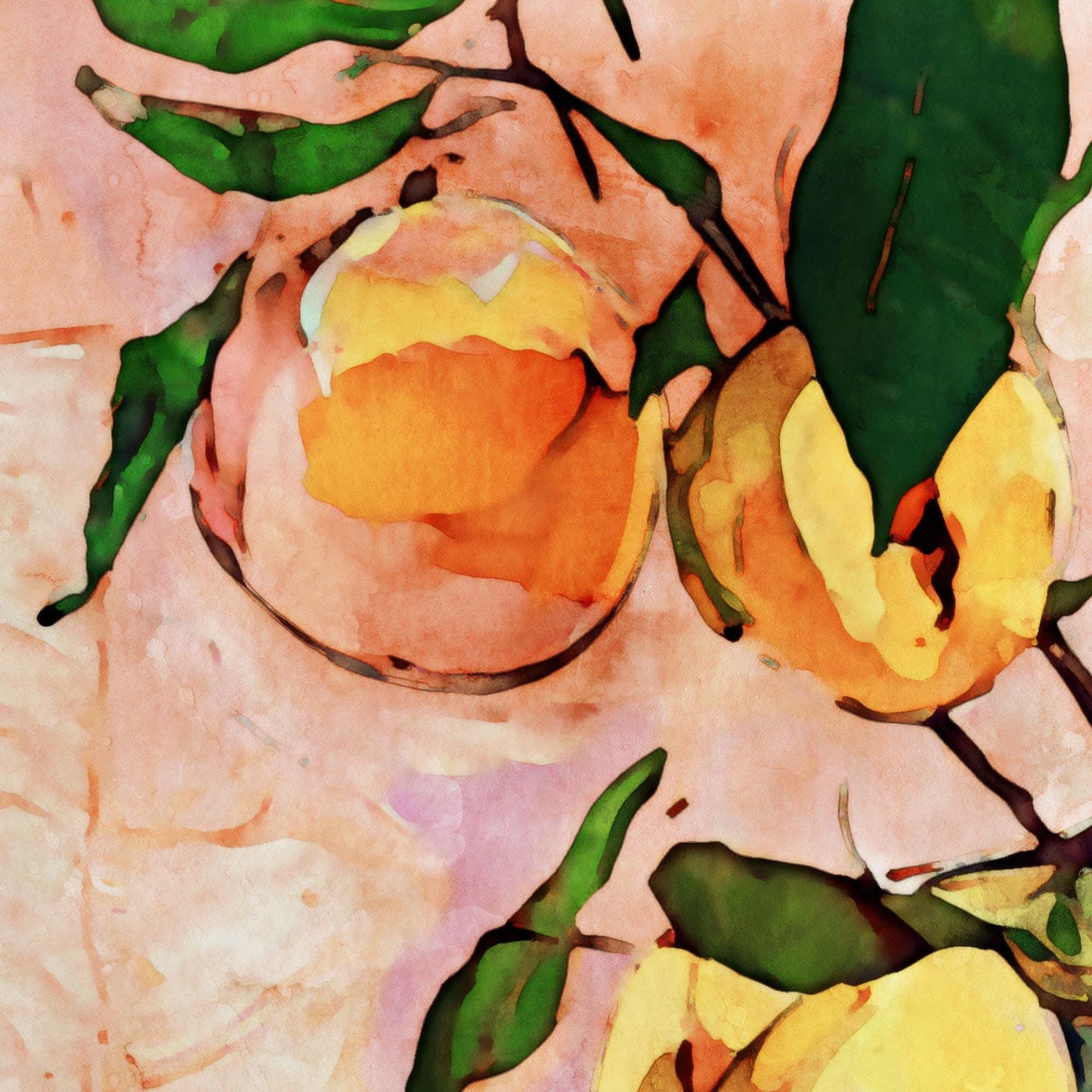 Close-up detail of a watercolor-style painting showing ripe peaches on branches with green leaves against a soft pink textured background. The brushwork highlights rich orange and yellow tones of the fruit with bold outlines, creating a vibrant and organic impression.