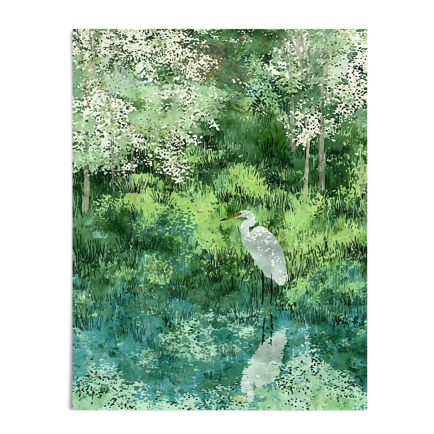 Unframed art print of a white egret standing at the edge of a reflective pond, illustrated in a soft watercolor style. The scene is rich with layered green grasses and blooming white trees, evoking the quiet beauty of a peaceful spring wetland.