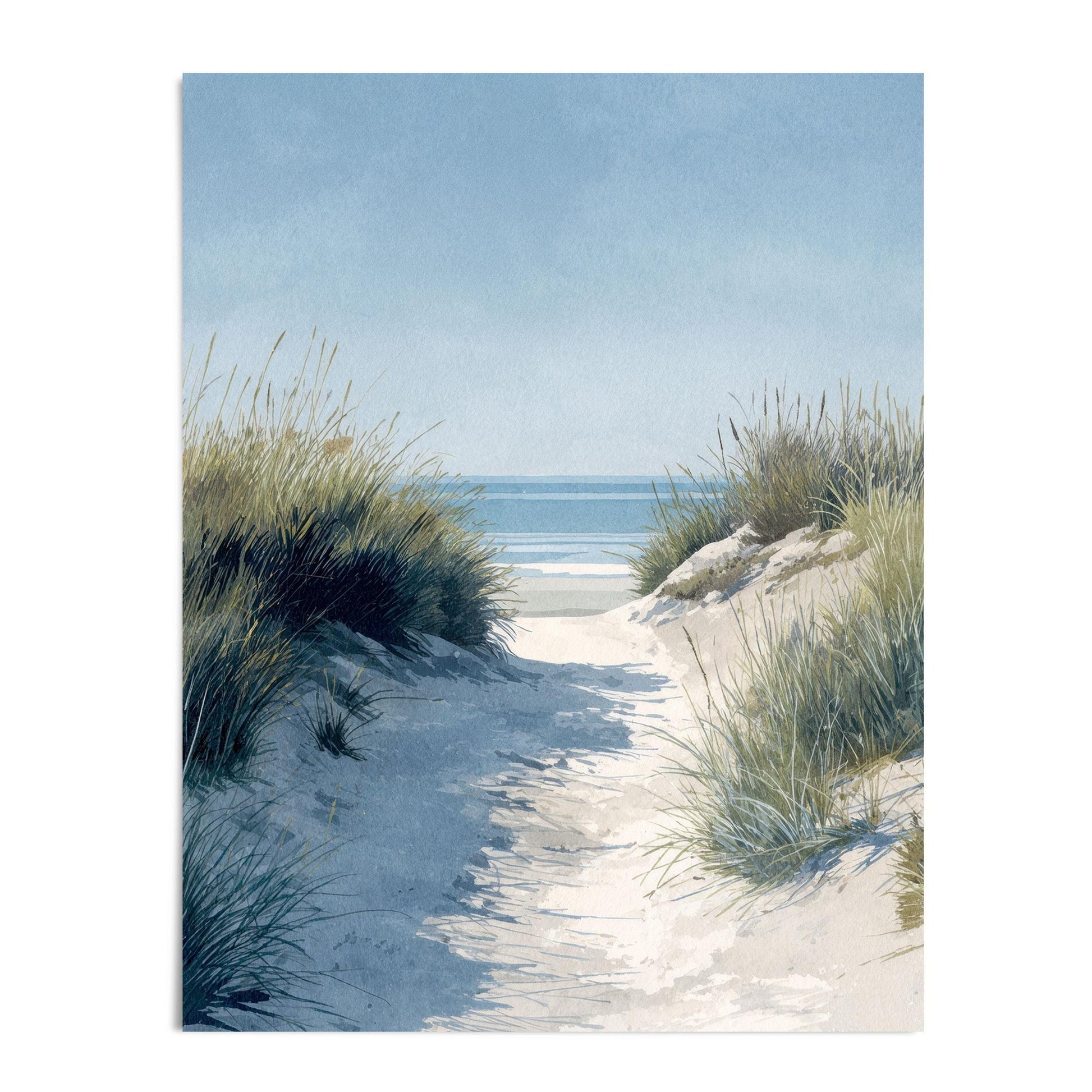 Watercolor coastal landscape print depicting a sandy path through tall beach grasses leading to the calm ocean under a clear blue sky.
