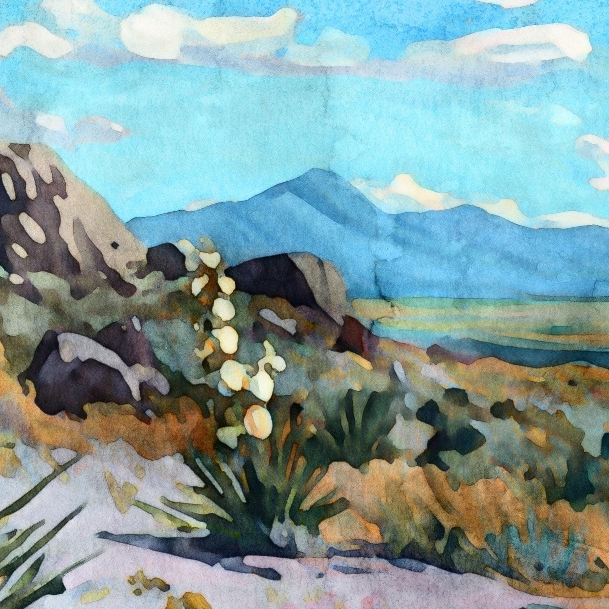 Close-up watercolor-style painting detail of a desert scene with yucca plants and rocky terrain in the foreground, mountains in the distance, and a bright blue sky with soft white clouds.