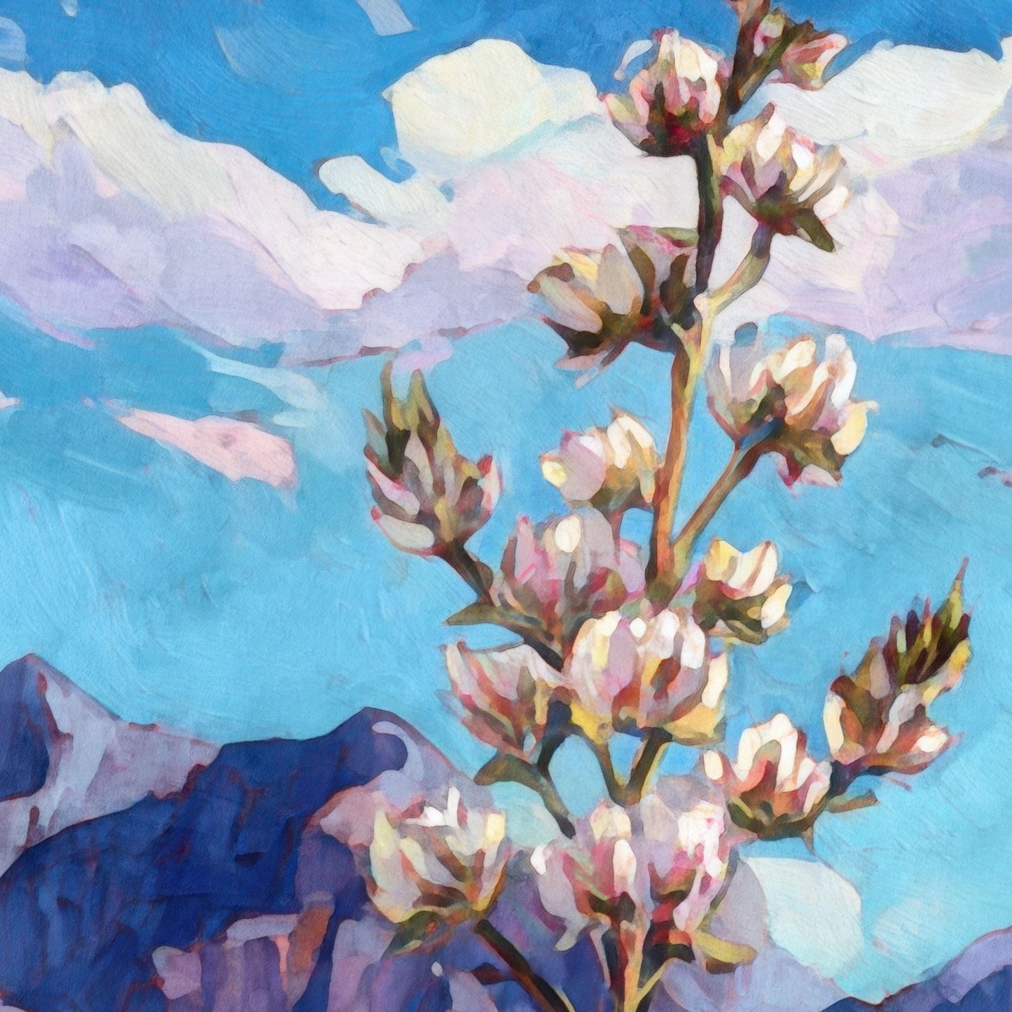 Close-up detail of a desert landscape painting showing creamy white yucca blossoms with hints of pink and gold against a vivid blue sky and soft lavender clouds, with distant purple mountains below. The brushwork is bold and painterly, emphasizing color and light in a modern impressionist style.