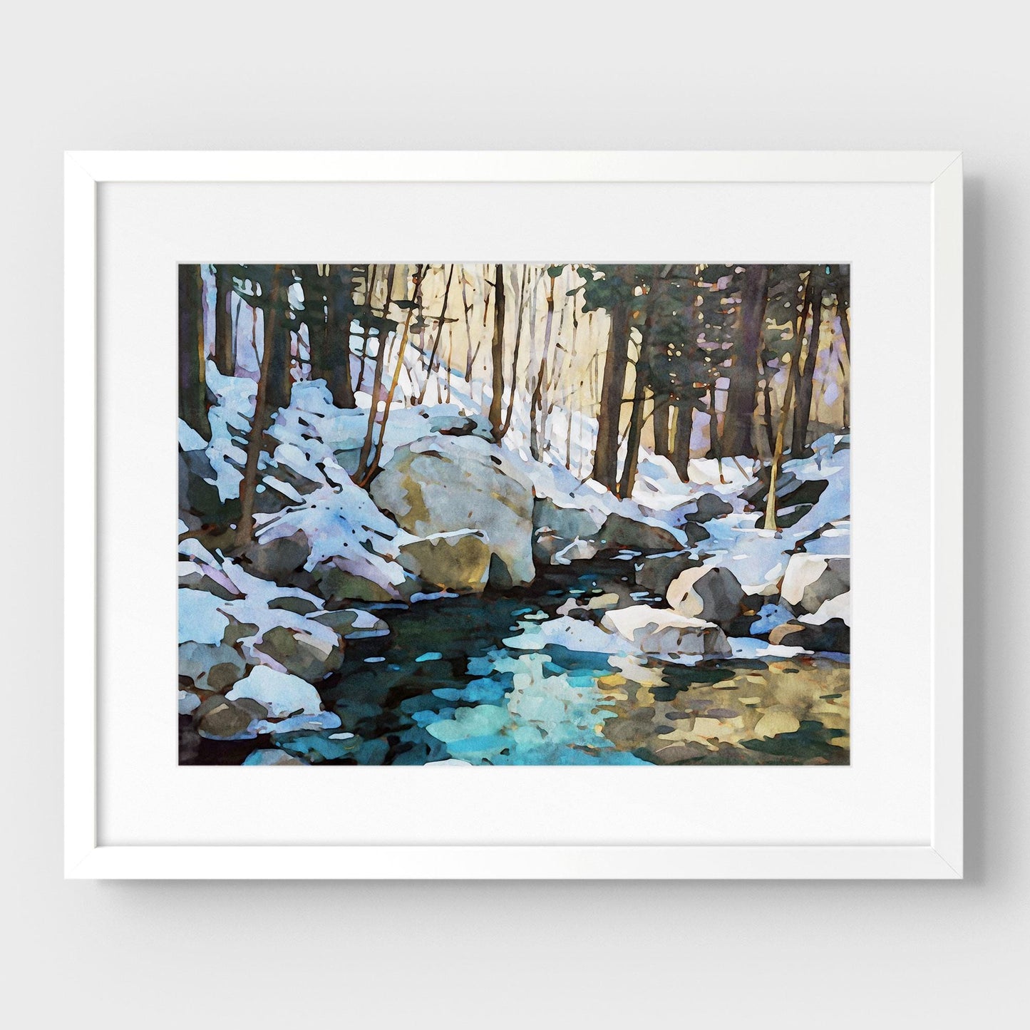 Winter Forest Stream Watercolor Print