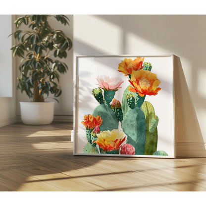 Square framed watercolor cactus print with vivid orange, yellow, pink, and red blossoms, leaning against a wall in a sunlit room with warm wooden floors and a potted plant in the background.