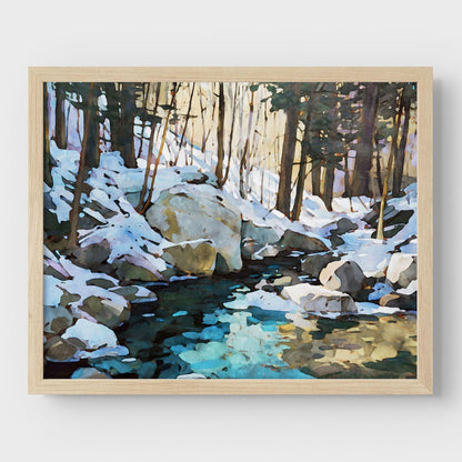 Winter Forest Stream Watercolor Print