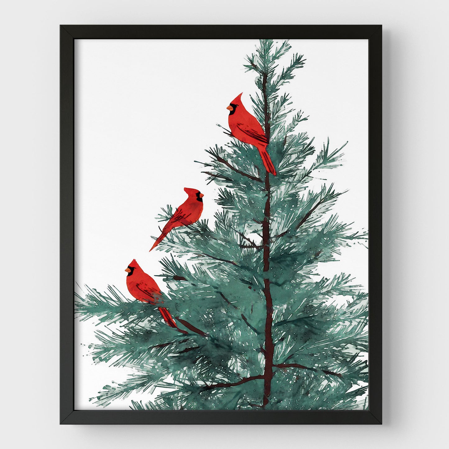 Three Red Cardinals in Pine Tree Art Print