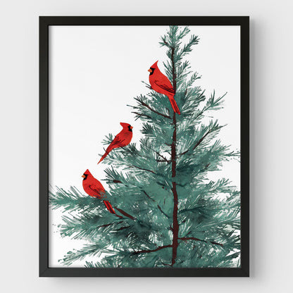 Three Red Cardinals in Pine Tree Art Print