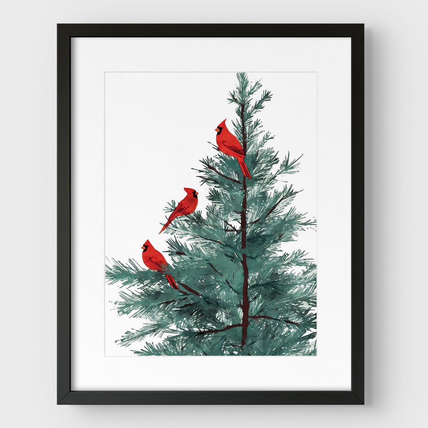 Three Red Cardinals in Pine Tree Art Print