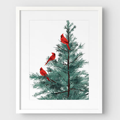 Three Red Cardinals in Pine Tree Art Print