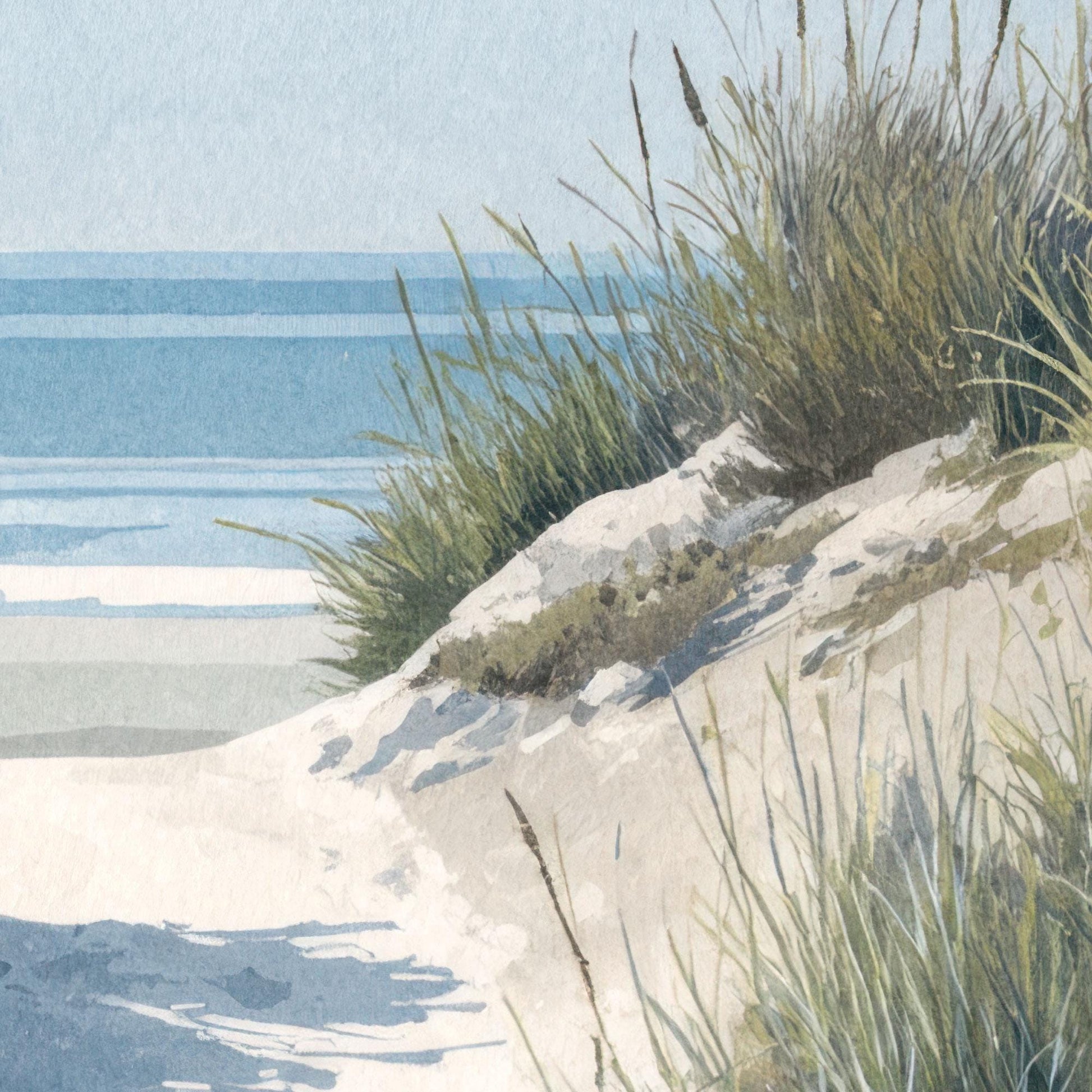 Close-up of a watercolor coastal painting showing sandy dunes with tall green grasses, soft shadows, and the calm blue ocean in the distance under a clear sky.