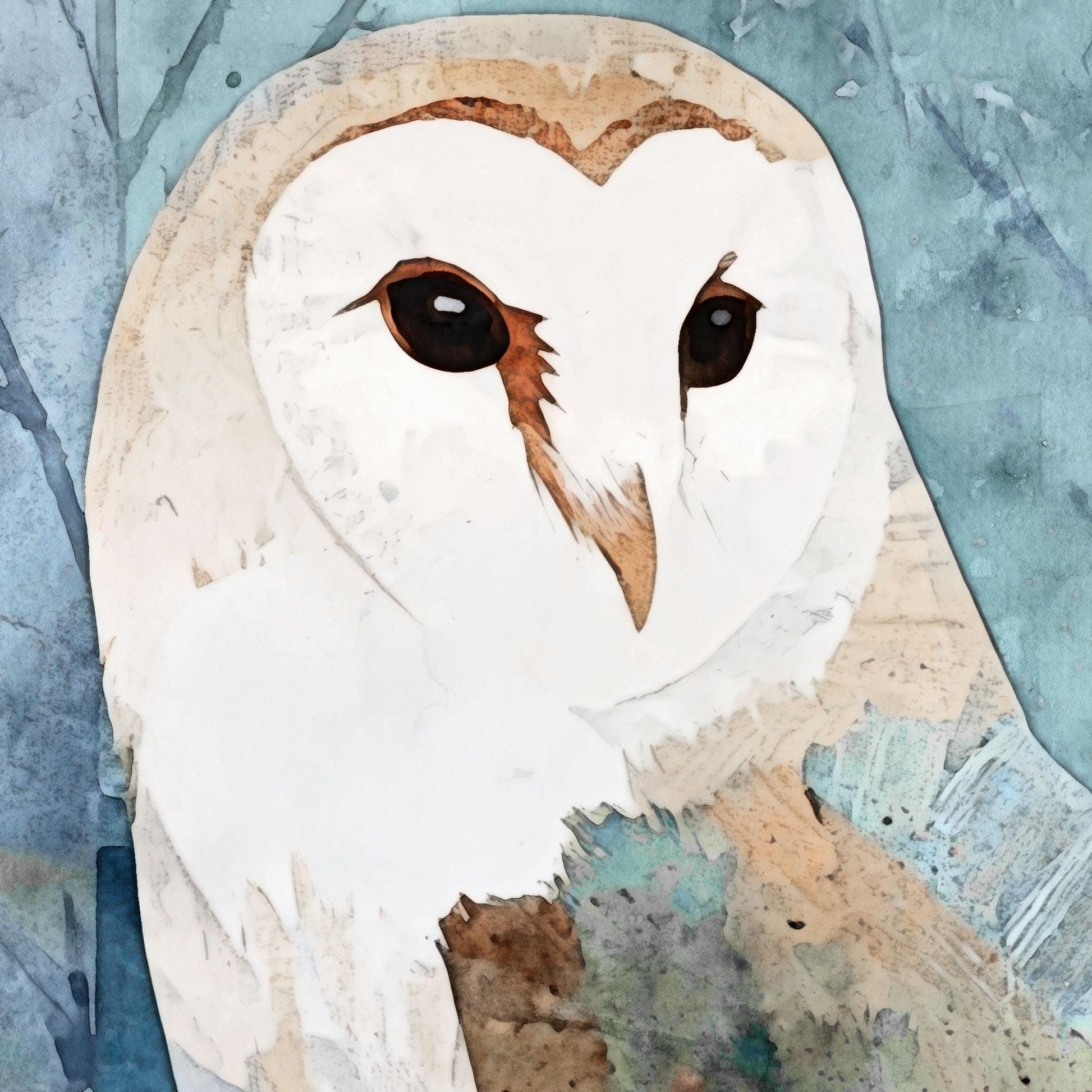 Close-up of a watercolor-style barn owl illustration, showing the owl’s white heart-shaped face, deep brown eyes, and tan markings. The softly textured background blends shades of teal and blue, creating a serene, ethereal atmosphere that highlights the owl’s gentle expression.