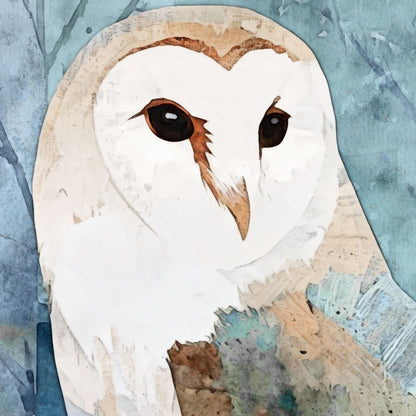 Close-up of a watercolor-style barn owl illustration, showing the owl’s white heart-shaped face, deep brown eyes, and tan markings. The softly textured background blends shades of teal and blue, creating a serene, ethereal atmosphere that highlights the owl’s gentle expression.