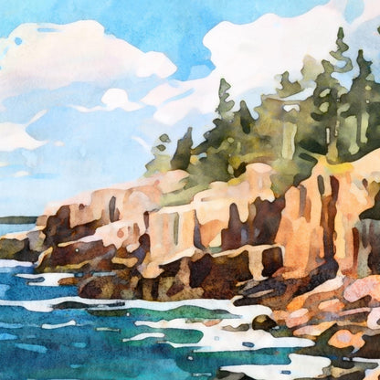Watercolor-style painting of a coastal cliffside with pine trees on top. Warm orange and brown rocky cliffs meet the turquoise ocean, with waves breaking along the shoreline under a bright blue sky with fluffy white clouds.