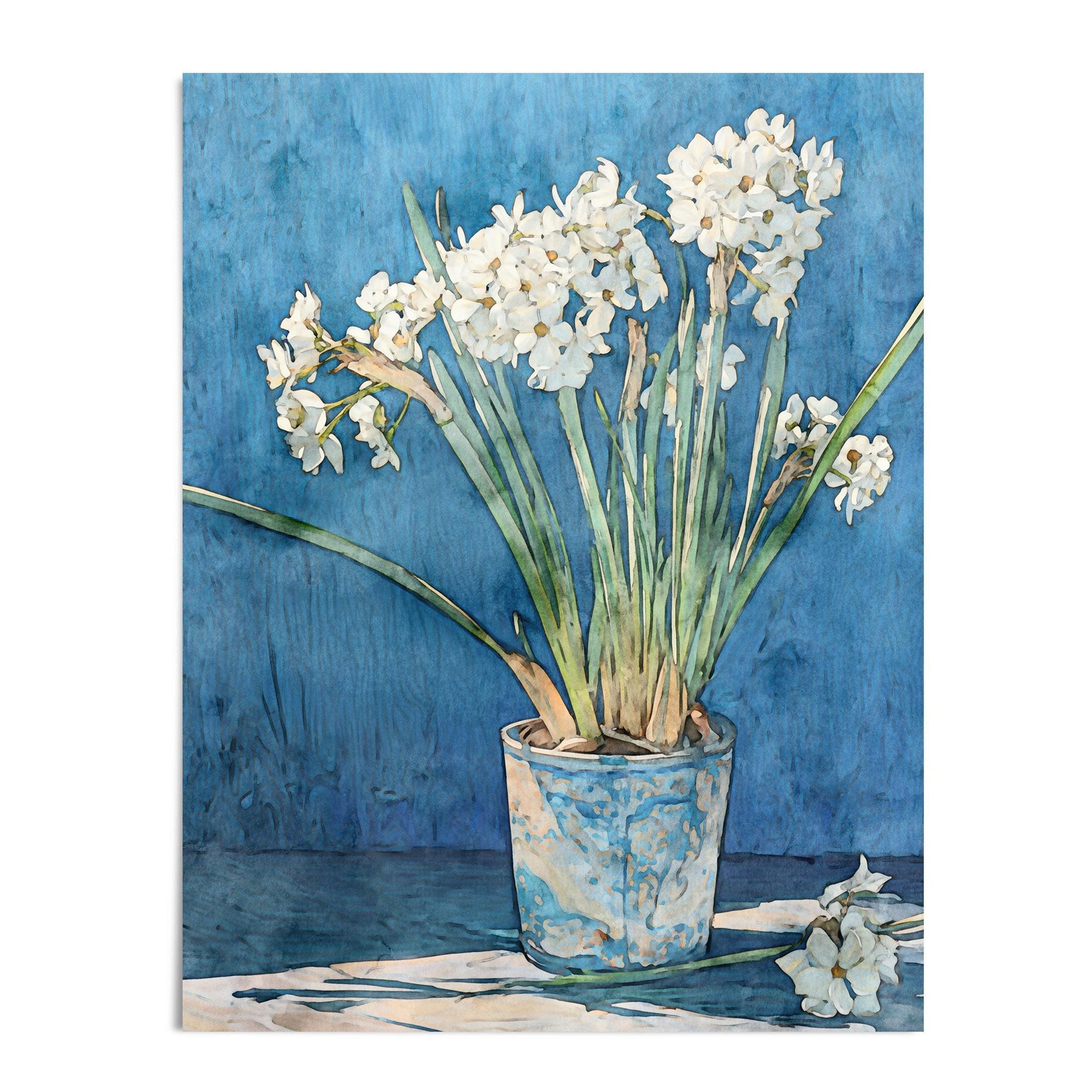 Watercolor-style painting of white narcissus flowers in a mottled blue ceramic pot, set against a textured deep blue background. Long green leaves extend outward, while a few blossoms rest on a white cloth at the base, adding balance to the composition. The artwork blends soft, delicate florals with bold blue tones for a timeless botanical look.