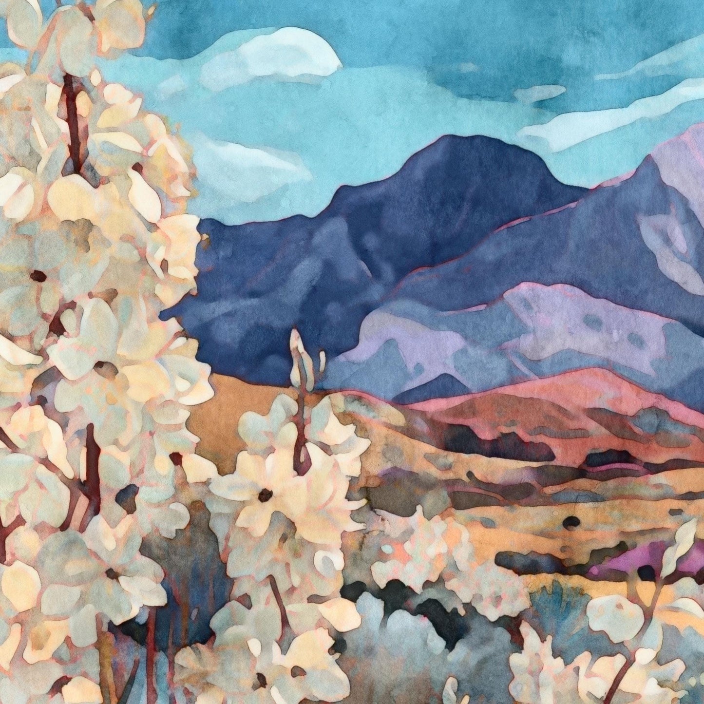 Close-up watercolor-style painting detail of blooming yucca flowers in soft cream tones, with rolling desert hills and deep blue-purple mountains beneath a bright sky with scattered clouds.