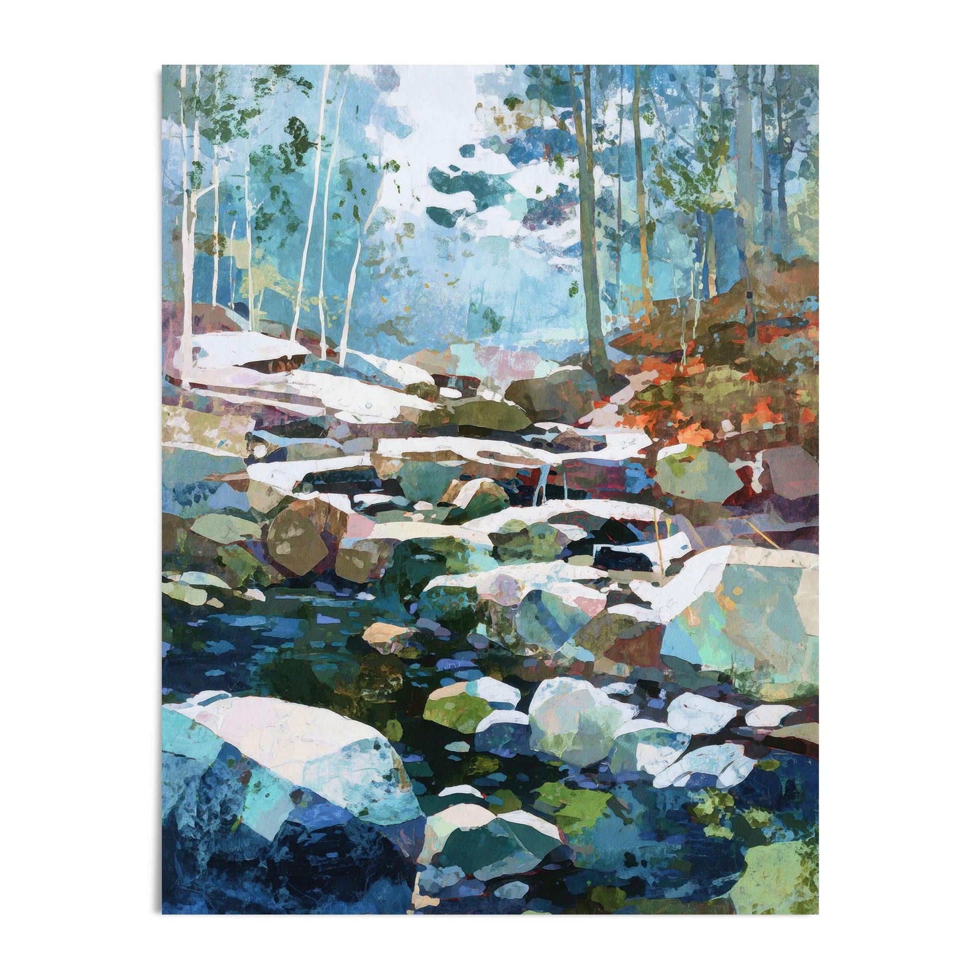 Modern impressionist landscape painting of a forest stream flowing over rocks, featuring cool blue and green tones contrasted with warm rust and gold highlights. Tall trees rise in the background beneath a hazy sky, creating a tranquil, light-filled woodland scene with layered, textured brushwork.