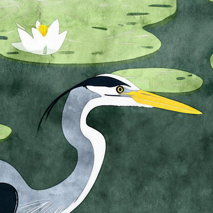 Close-up of a stylized heron illustration with a curved neck, sharp yellow beak, and detailed eye, set against a green watercolor background with lily pads and a white lotus flower. The artwork has a clean, modern aesthetic with soft textures and natural tones.