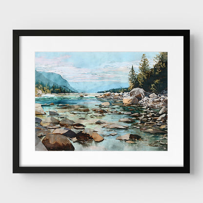 Mountain River Watercolor Art Print