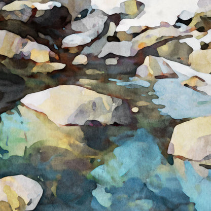 Close-up watercolor-style painting of a rocky stream, with soft tones of blue, green, and golden reflections in the water. Large stones and boulders in muted grays and browns surround the flowing water, creating a serene, abstract impression of a natural landscape.