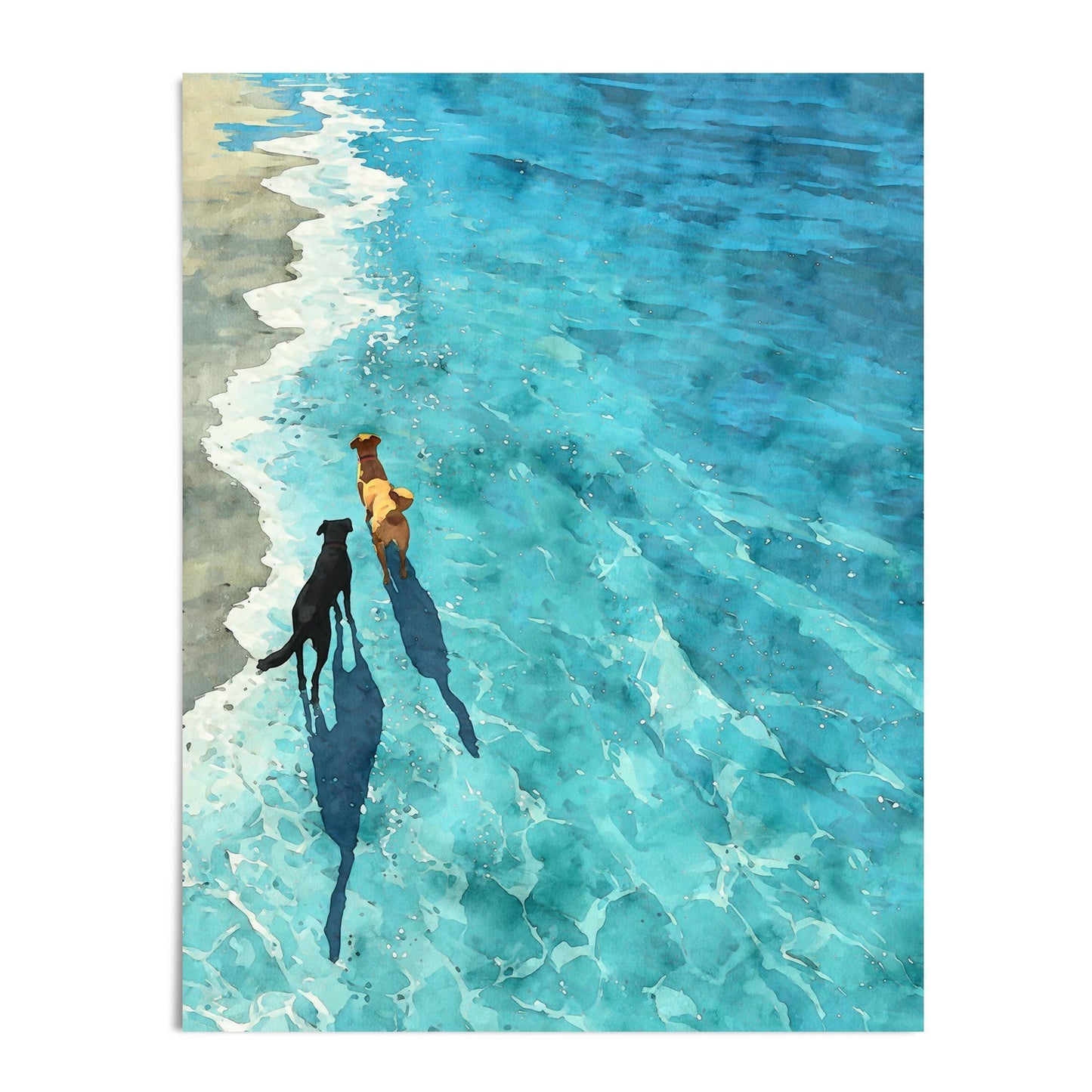 Art print of two dogs—one black and one golden—walking side by side along a sunlit shoreline. Their long shadows stretch across the rippling turquoise water in this watercolor-style composition, evoking a serene and joyful coastal moment.