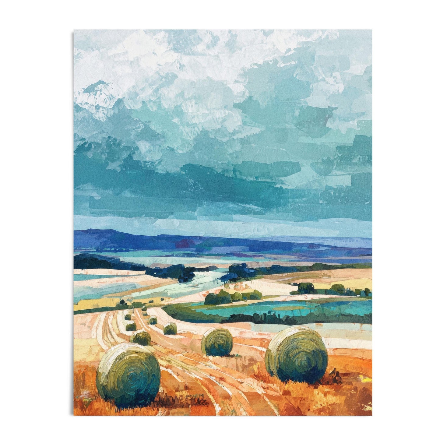 Impressionist painting of a rural landscape featuring golden fields dotted with round hay bales, winding paths, distant hills, and a dramatic sky in layered shades of teal and turquoise.