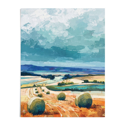 Impressionist painting of a rural landscape featuring golden fields dotted with round hay bales, winding paths, distant hills, and a dramatic sky in layered shades of teal and turquoise.