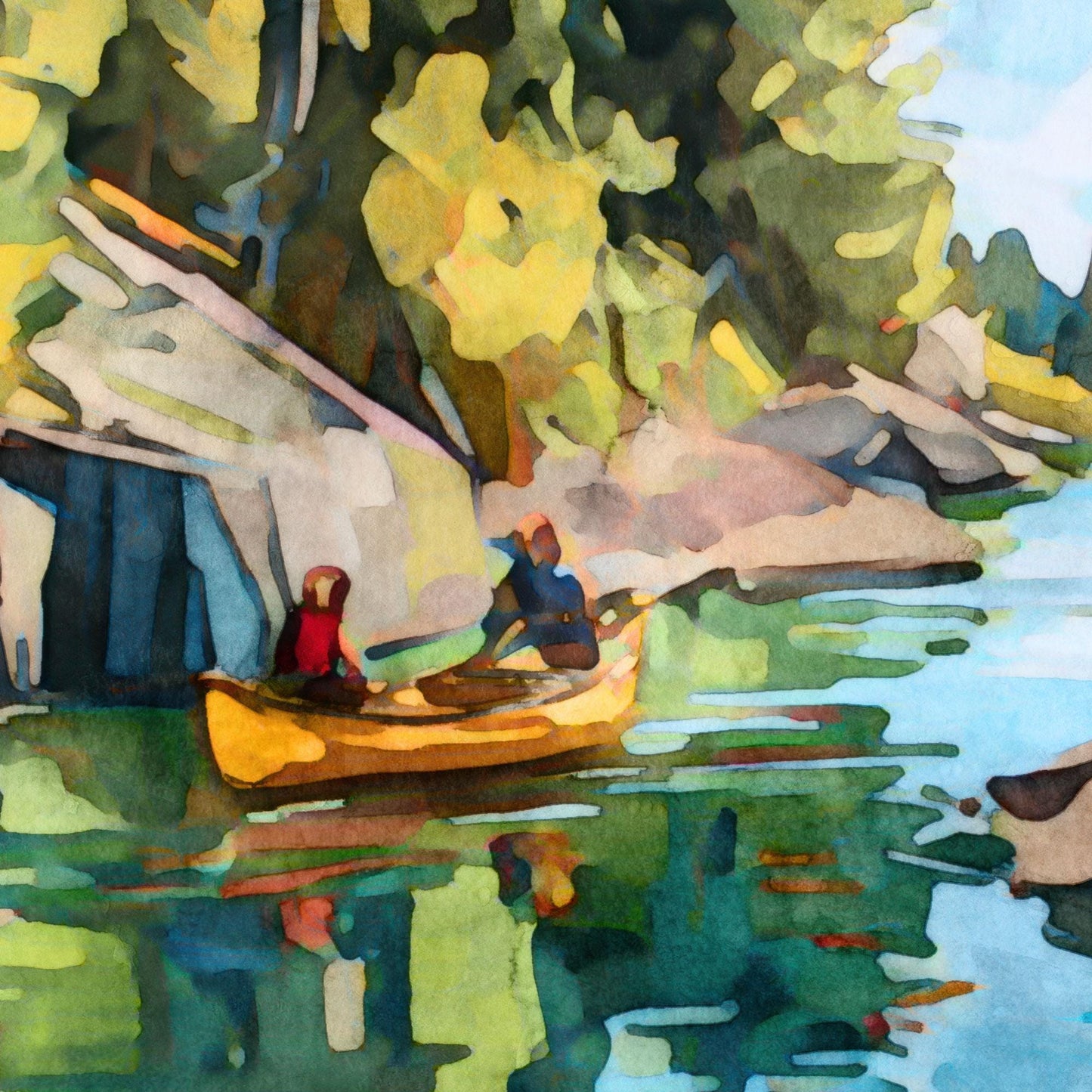 Watercolor-style painting detail of two people paddling a yellow canoe on a reflective lake, surrounded by rocky cliffs and leafy green trees, with vibrant colors blending in the water’s surface.