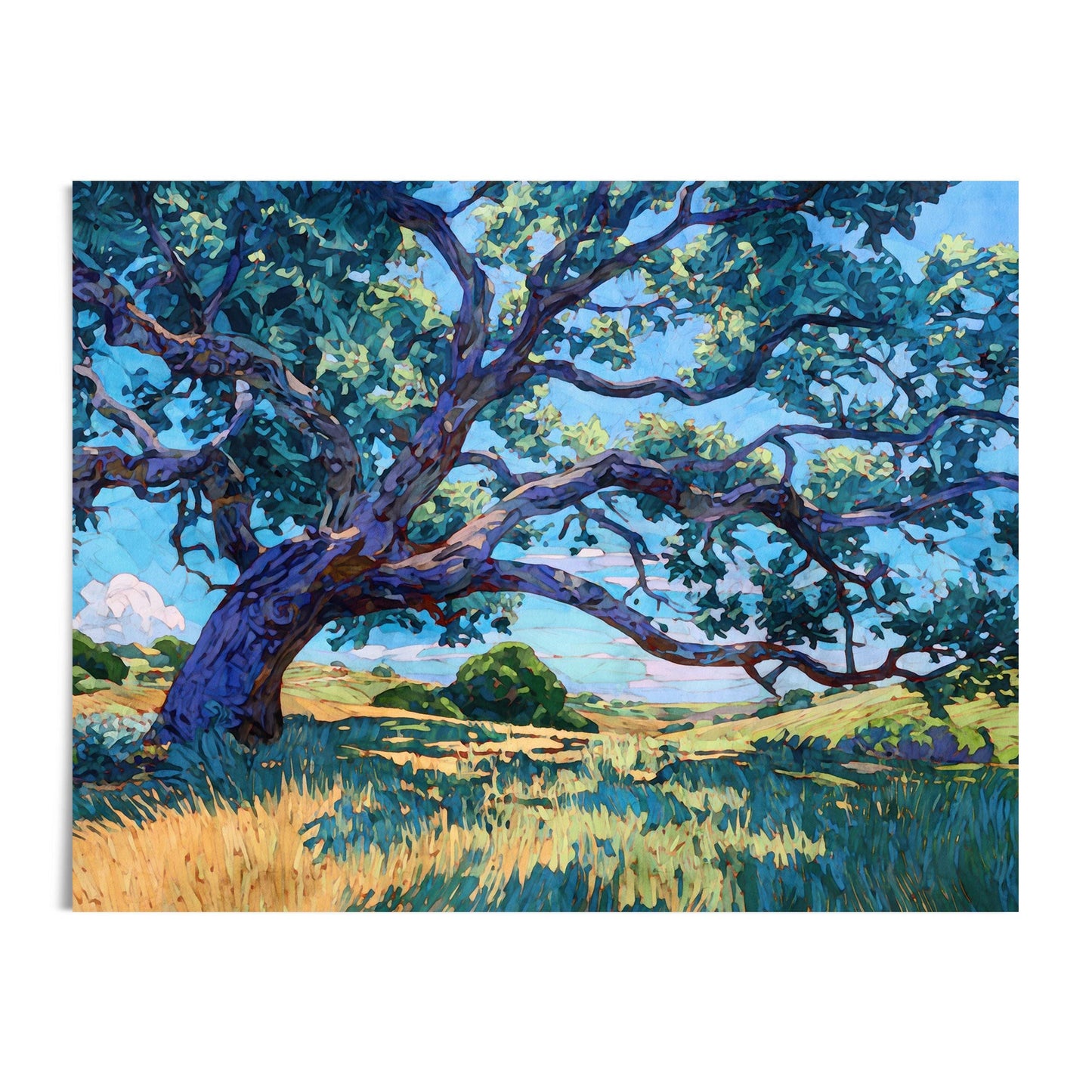 Colorful modern impressionist painting of a sprawling Texas oak tree with twisting blue-violet branches and green leaves spreading across a bright sky. The tree stands above golden grasses and rolling green hills beneath a soft blue sky with white clouds, capturing the warmth and vitality of a sunny Texas landscape.