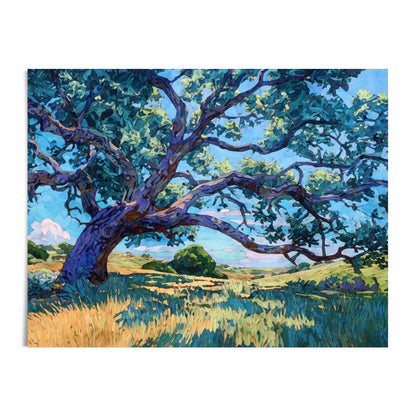 Colorful modern impressionist painting of a sprawling Texas oak tree with twisting blue-violet branches and green leaves spreading across a bright sky. The tree stands above golden grasses and rolling green hills beneath a soft blue sky with white clouds, capturing the warmth and vitality of a sunny Texas landscape.